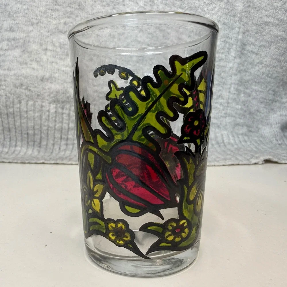 Vintage 1973 Faroy Inc Houston Butterfly Flower Stained Glass Style Juice Glass
